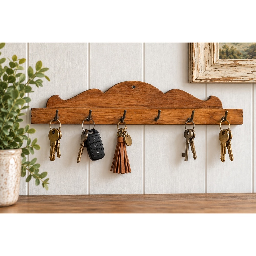 Handmade Wood Key Holder 6 Hook Wall Rack Vintage Primitive Rustic Farmhouse 14"